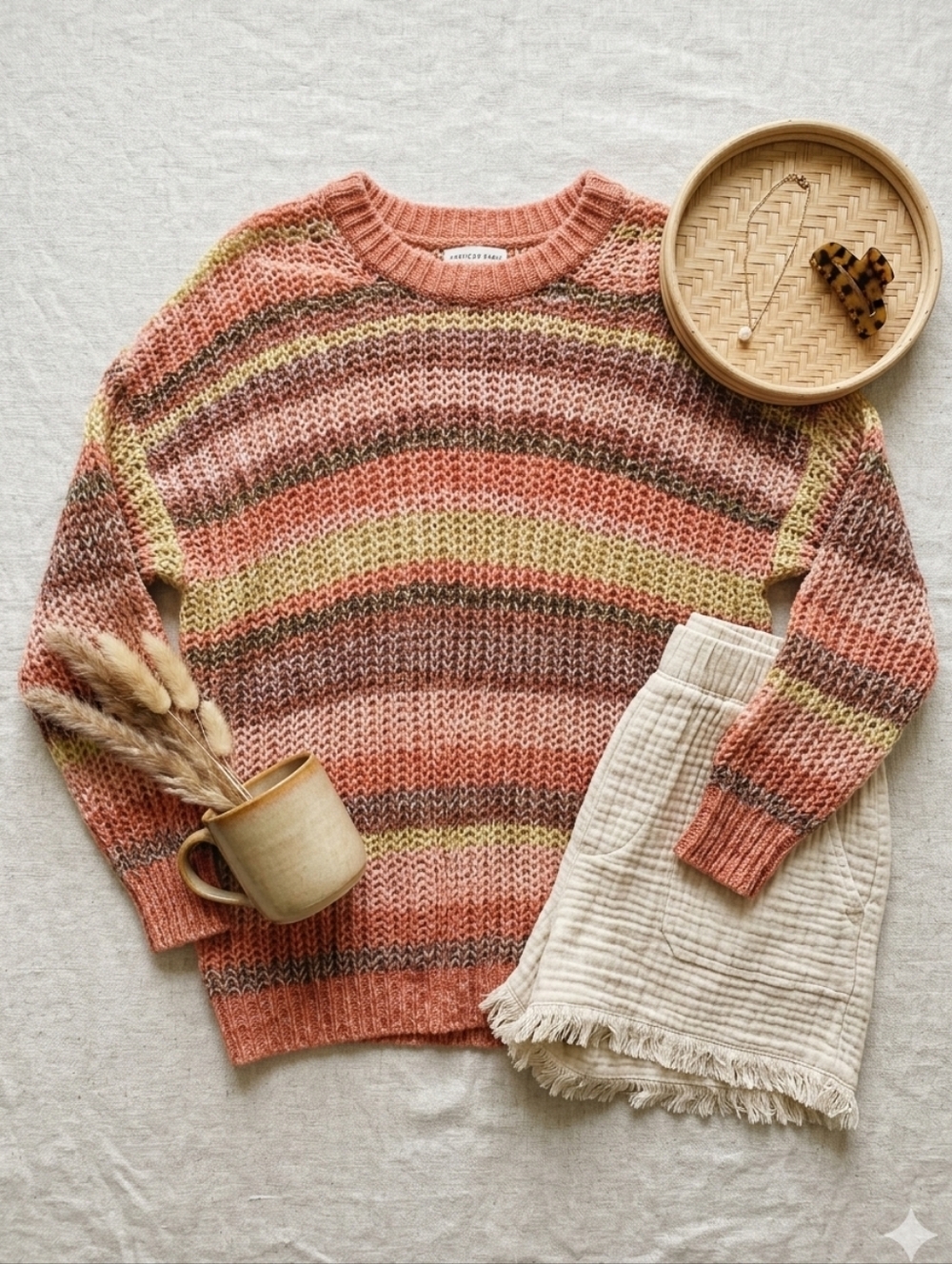 American Eagle Small Slouchy Crochet Knit Striped Crewneck Sweater Open Stitch